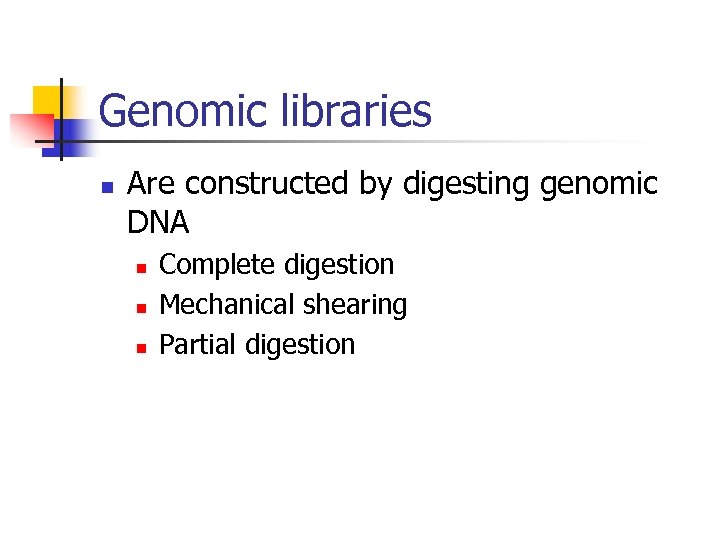 Genomic libraries n Are constructed by digesting genomic DNA n n n Complete digestion