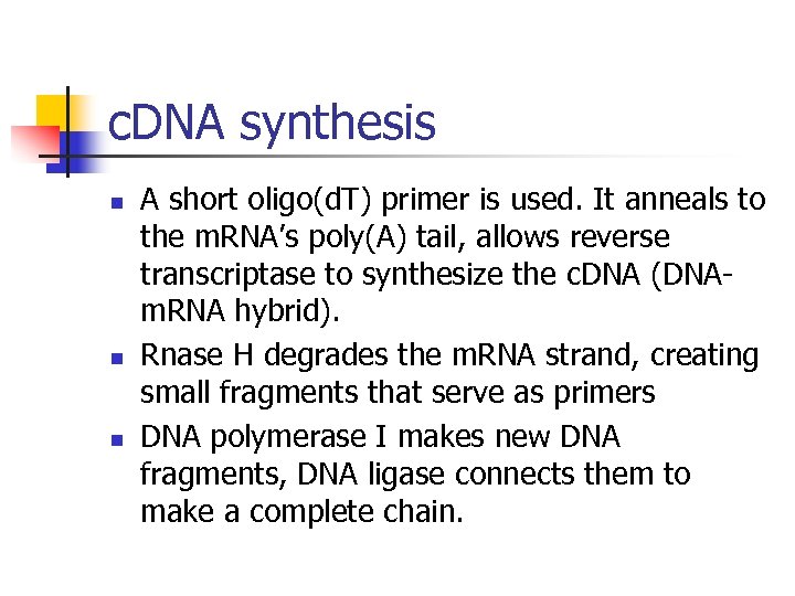 c. DNA synthesis n n n A short oligo(d. T) primer is used. It