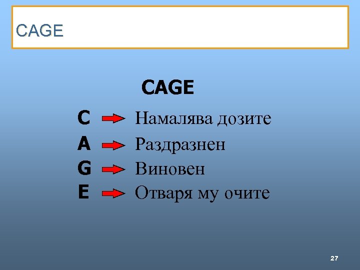 CAGE C A G E Намалява дозите Раздразнен Виновен Отваря му очите 27 