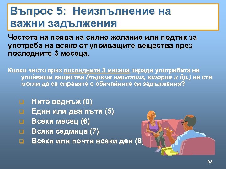 Въпрос 5: Неизпълнение на важни задължения Честота на поява на силно желание или подтик