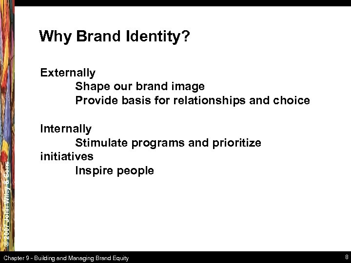 Why Brand Identity? © 2007 John Wiley & Sons Externally Shape our brand image