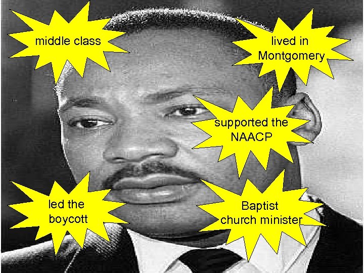 middle class lived in Montgomery supported the NAACP led the boycott Baptist church minister