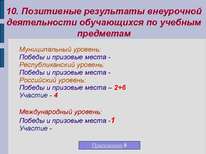 10. Позитивные результаты внеурочной деятельности обучающихся по учебным предметам Муниципальный уровень: Победы и призовые