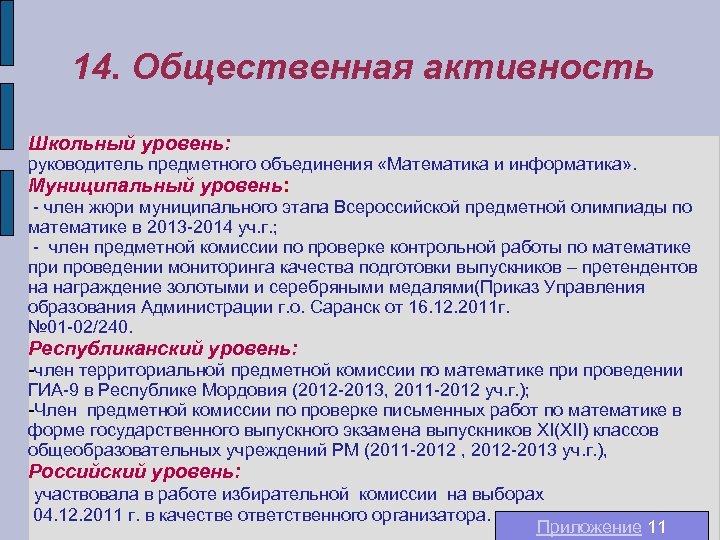 14. Общественная активность Школьный уровень: руководитель предметного объединения «Математика и информатика» . Муниципальный уровень: