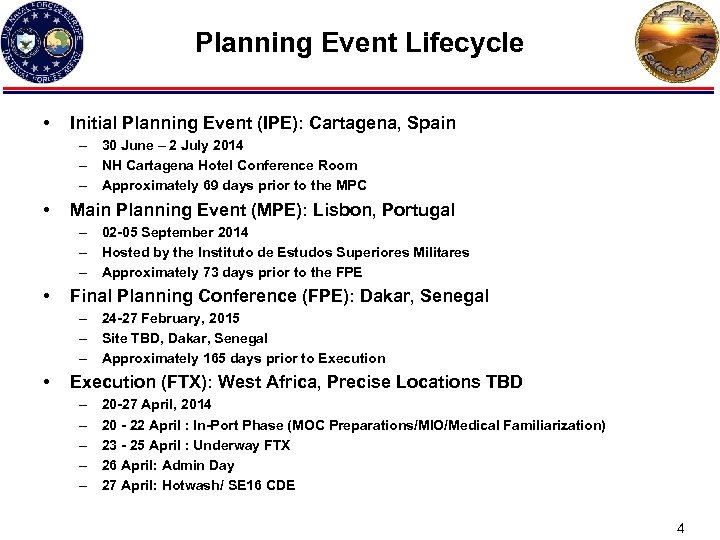 Planning Event Lifecycle • Initial Planning Event (IPE): Cartagena, Spain – 30 June –