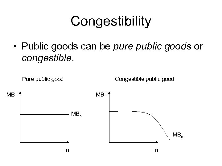 Congestibility • Public goods can be pure public goods or congestible. Pure public good