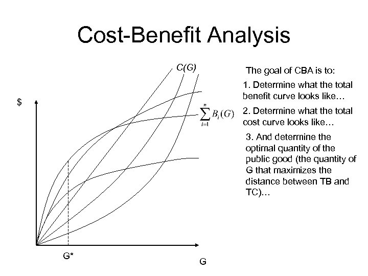 Cost-Benefit Analysis C(G) The goal of CBA is to: 1. Determine what the total