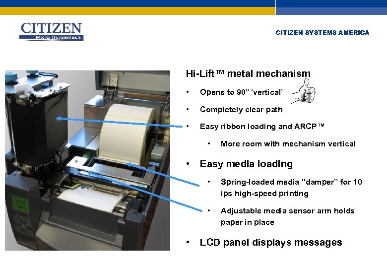 CITIZEN SYSTEMS AMERICA Hi-Lift™ metal mechanism • Opens to 90° ‘vertical’ • Completely clear