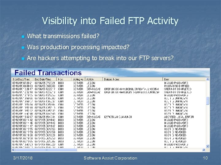Visibility into Failed FTP Activity n What transmissions failed? n Was production processing impacted?