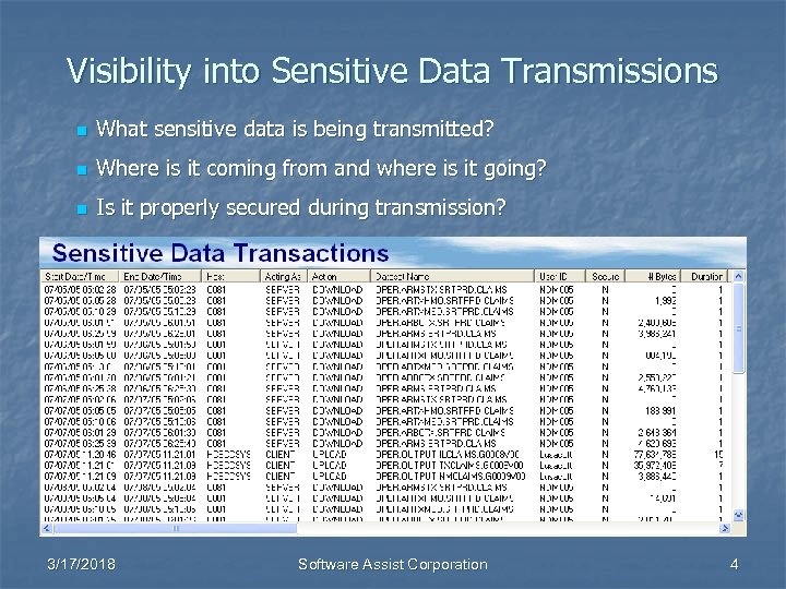 Visibility into Sensitive Data Transmissions n What sensitive data is being transmitted? n Where