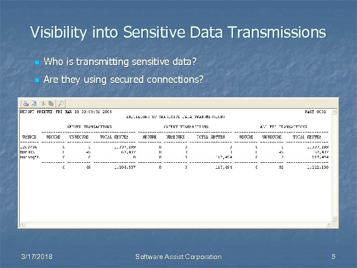 Visibility into Sensitive Data Transmissions n Who is transmitting sensitive data? n Are they