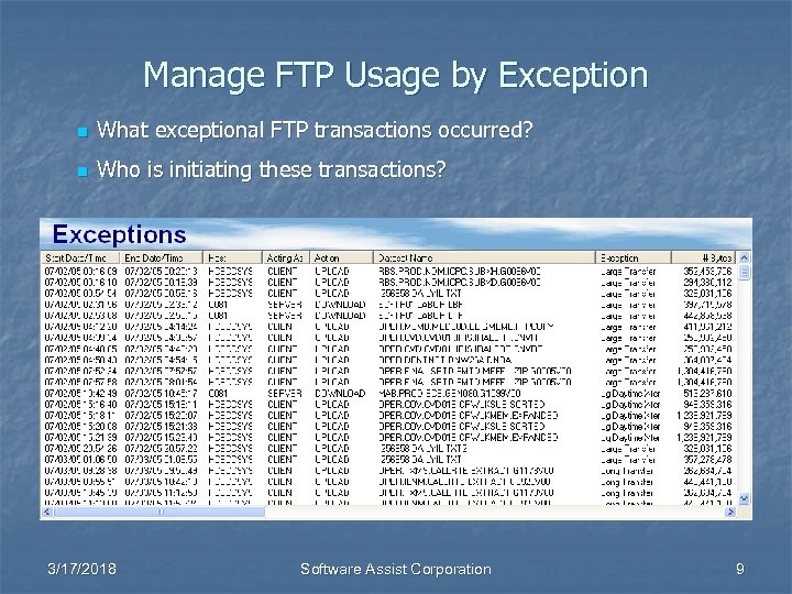 Manage FTP Usage by Exception n What exceptional FTP transactions occurred? n Who is
