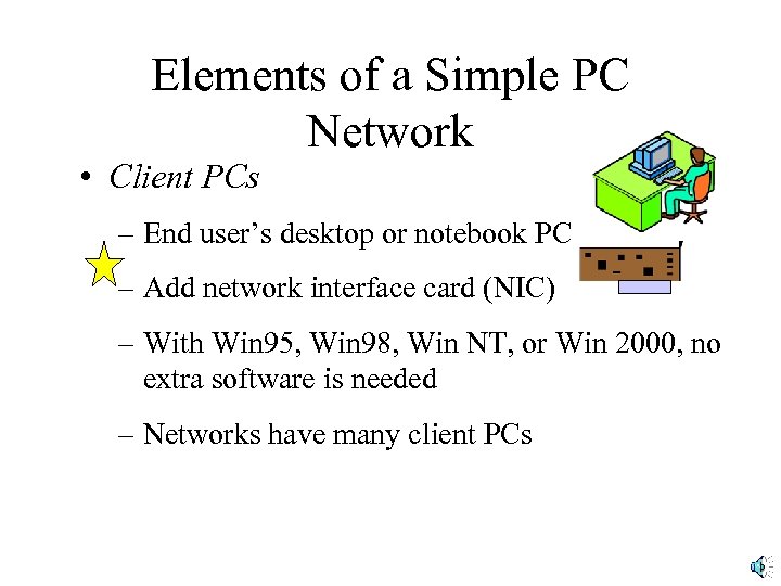 Elements of a Simple PC Network • Client PCs – End user’s desktop or