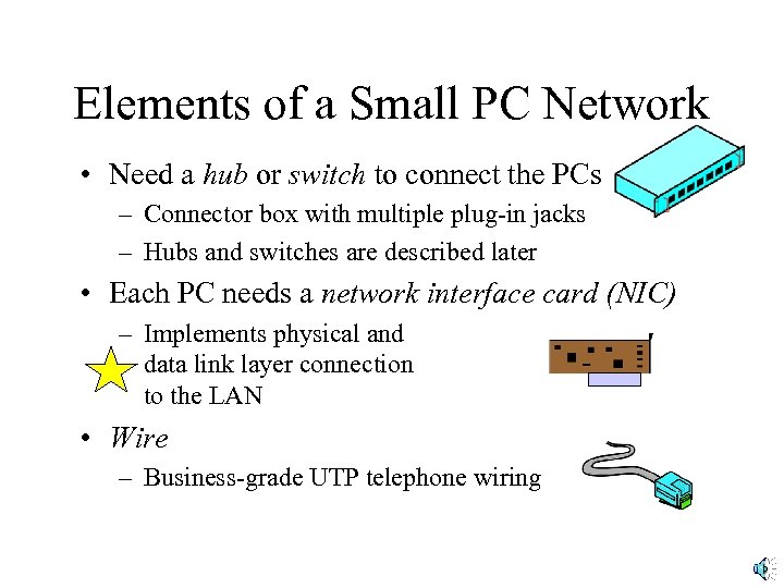 Elements of a Small PC Network • Need a hub or switch to connect