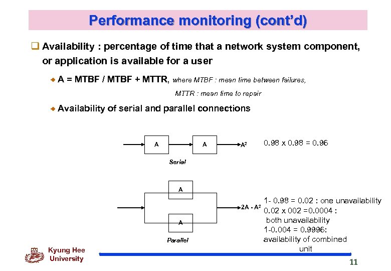 Performance monitoring (cont’d) q Availability : percentage of time that a network system component,