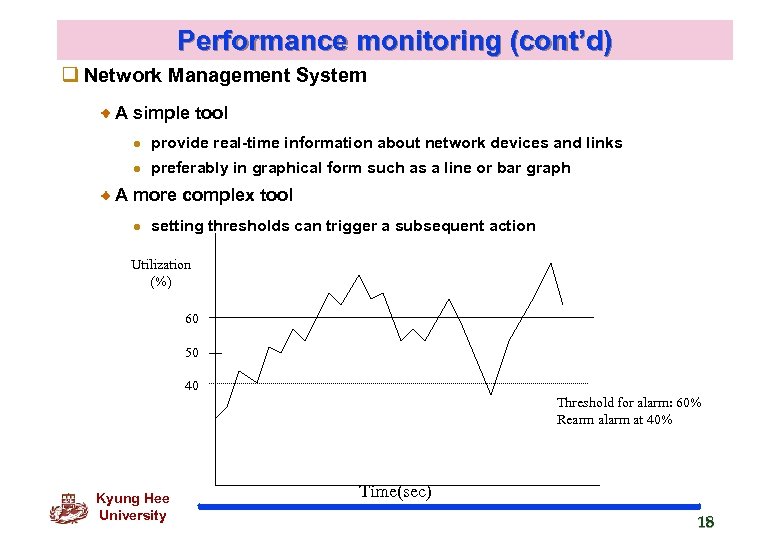 Performance monitoring (cont’d) q Network Management System A simple tool l provide real-time information