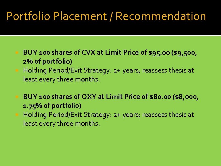 Portfolio Placement / Recommendation BUY 100 shares of CVX at Limit Price of $95.
