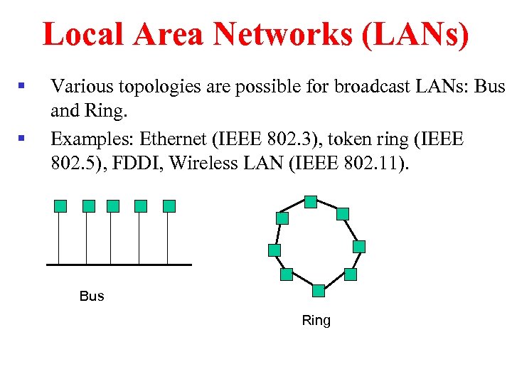 Local Area Networks (LANs) § § Various topologies are possible for broadcast LANs: Bus