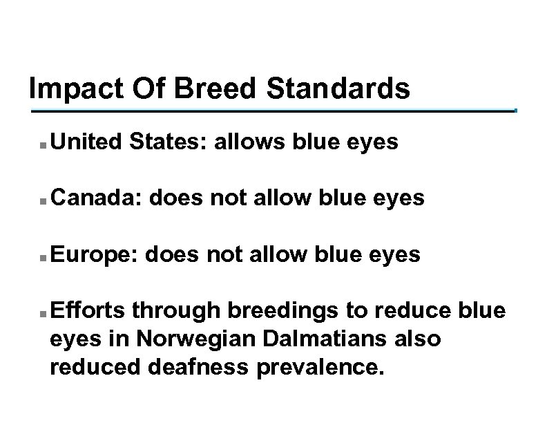 Impact Of Breed Standards n United States: allows blue eyes n Canada: does not