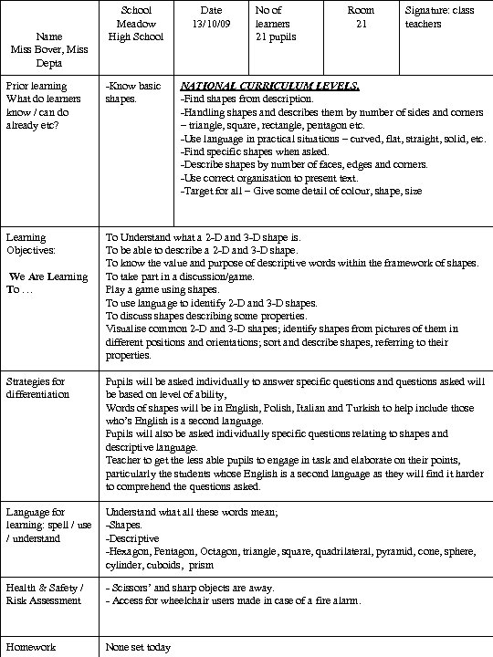 Name Miss Bover, Miss Depta School Meadow High School Date 13/10/09 No of learners