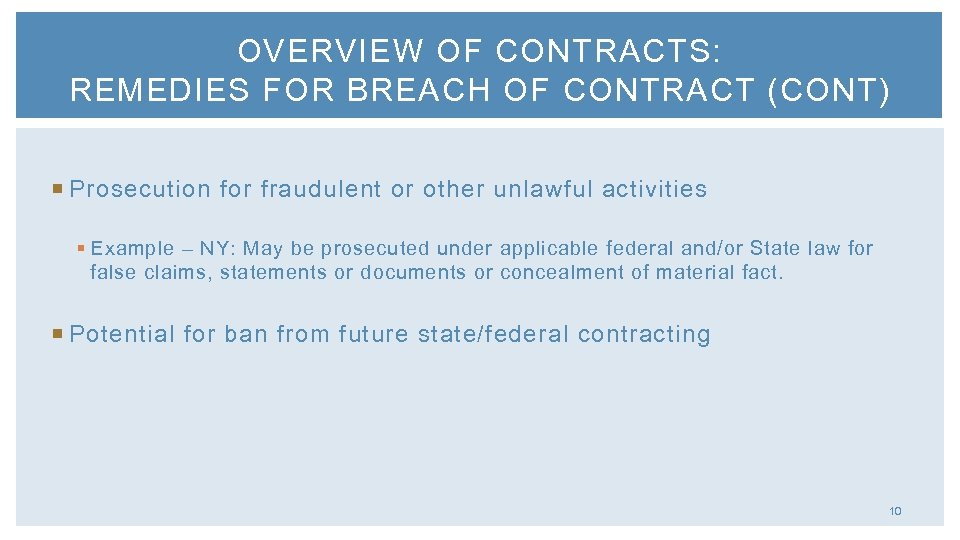 OVERVIEW OF CONTRACTS: REMEDIES FOR BREACH OF CONTRACT (CONT) Prosecution for fraudulent or other