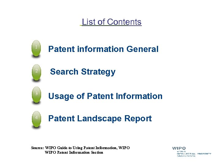 List of Contents 1 2 Patent information General Search Strategy 3 Usage of Patent