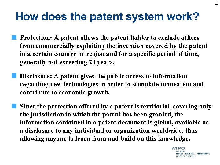 4 How does the patent system work? Protection: A patent allows the patent holder