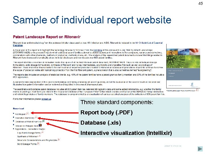 45 Sample of individual report website Three standard components: Report body (. PDF) Database