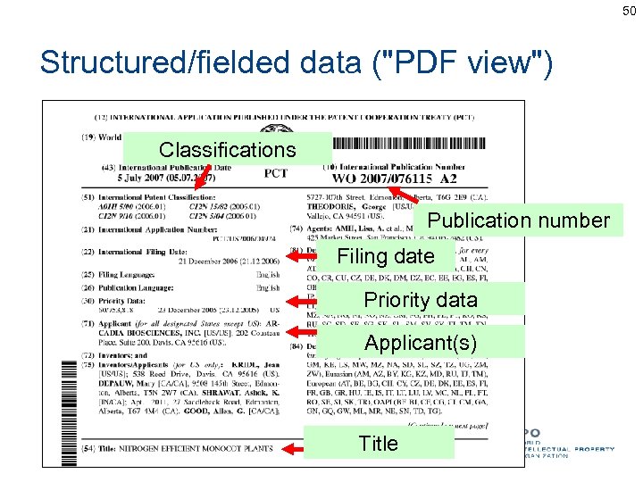 50 Structured/fielded data ("PDF view") Classifications Publication number Filing date Priority data Applicant(s) Title