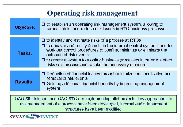 Operating risk management Objective: r to establish an operating risk management system, allowing to