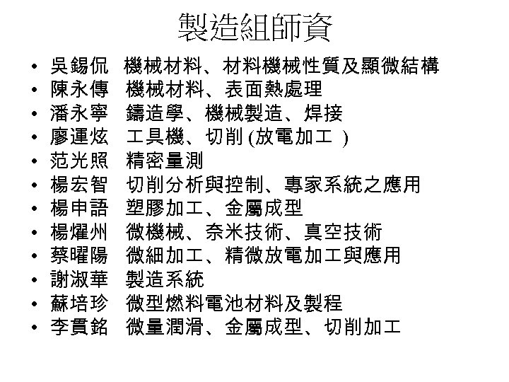 製造組師資 • • • 吳錫侃 陳永傳 潘永寧 廖運炫 范光照 楊宏智 楊申語 楊燿州 蔡曜陽 謝淑華