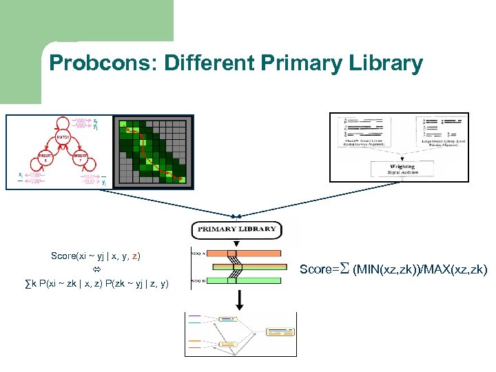 Probcons: Different Primary Library Score(xi ~ yj | x, y, z) ∑k P(xi ~