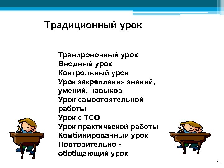Традиционный урок Тренировочный урок Вводный урок Контрольный урок Урок закрепления знаний, умений, навыков Урок