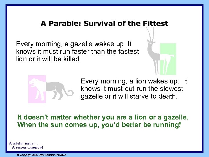 A Parable: Survival of the Fittest Every morning, a gazelle wakes up. It knows