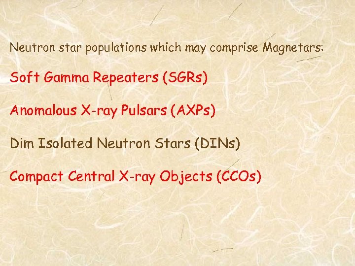 Neutron star populations which may comprise Magnetars: Soft Gamma Repeaters (SGRs) Anomalous X-ray Pulsars