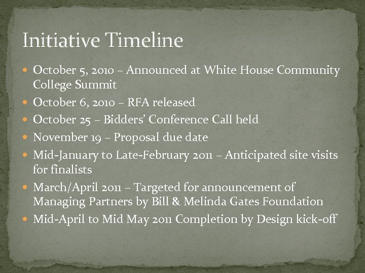 Initiative Timeline October 5, 2010 – Announced at White House Community College Summit October