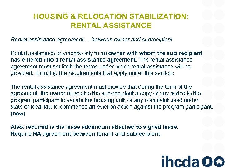 HOUSING & RELOCATION STABILIZATION: RENTAL ASSISTANCE Rental assistance agreement. – between owner and subrecipient