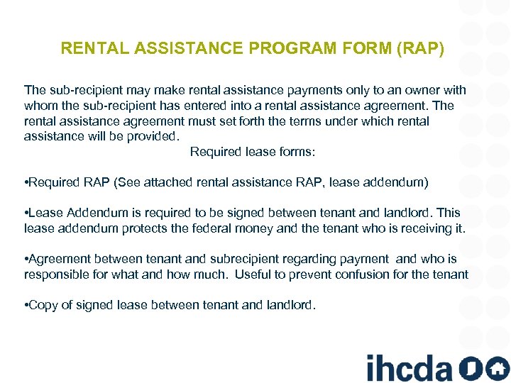 RENTAL ASSISTANCE PROGRAM FORM (RAP) The sub-recipient may make rental assistance payments only to