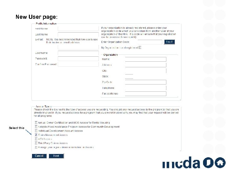 New User page: Select this 