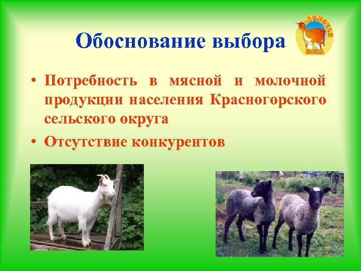 Обоснование выбора • Потребность в мясной и молочной продукции населения Красногорского сельского округа •