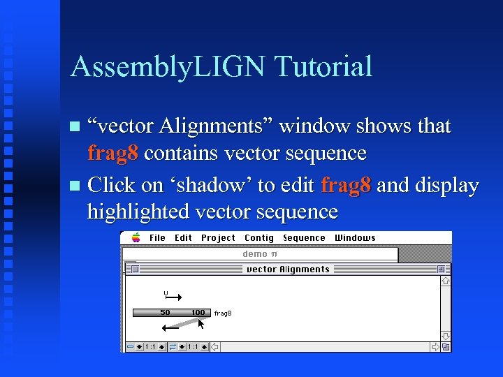 Assembly. LIGN Tutorial “vector Alignments” window shows that frag 8 contains vector sequence Click