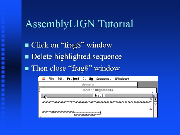 Assembly. LIGN Tutorial Click on “frag 8” window Delete highlighted sequence Then close “frag