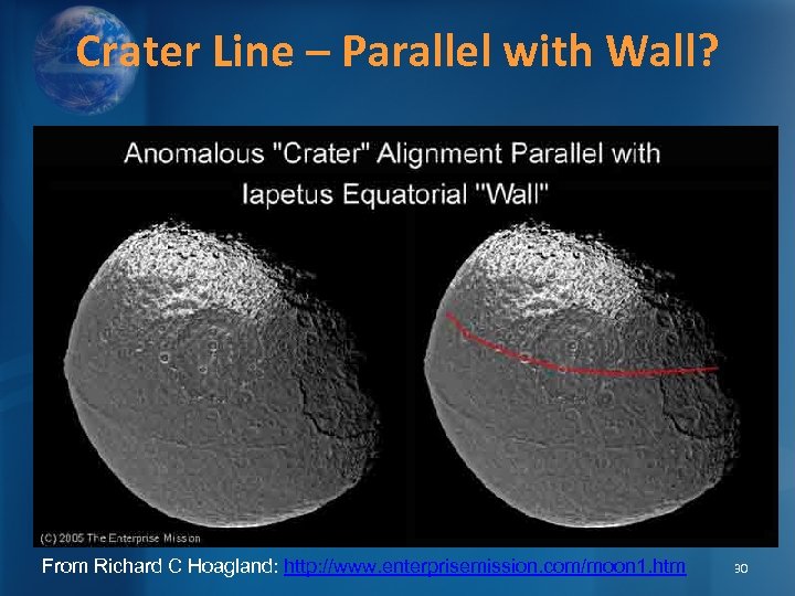 Crater Line – Parallel with Wall? From Richard C Hoagland: http: //www. enterprisemission. com/moon