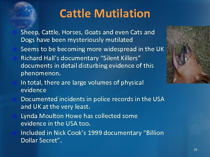 Cattle Mutilation o Sheep, Cattle, Horses, Goats and even Cats and Dogs have been