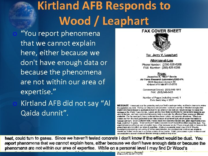 Kirtland AFB Responds to Wood / Leaphart o “You report phenomena that we cannot