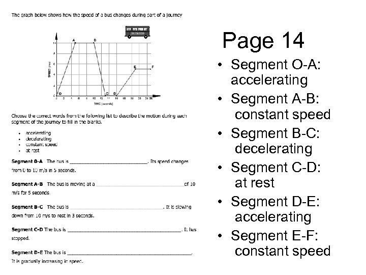 Page 14 • Segment O-A: accelerating • Segment A-B: constant speed • Segment B-C: