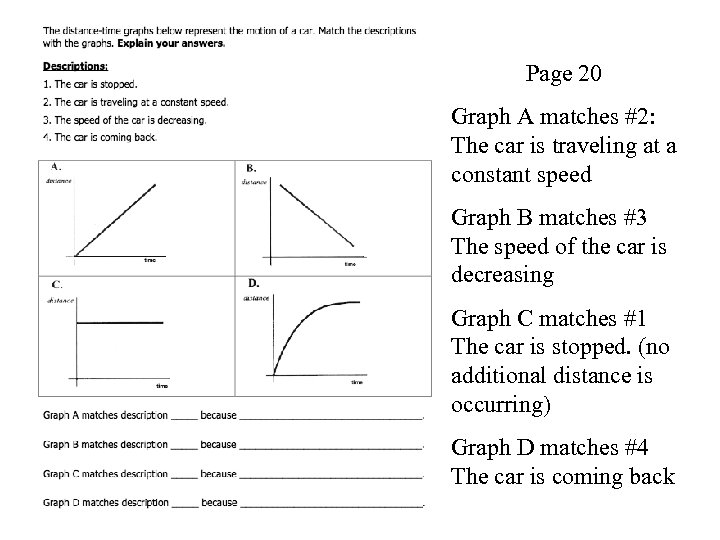 Page 20 Graph A matches #2: The car is traveling at a constant speed