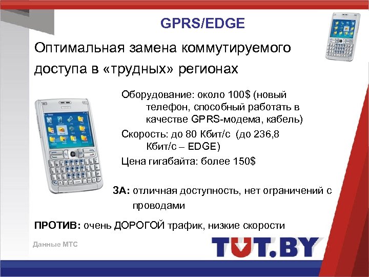 GPRS/EDGE Оптимальная замена коммутируемого доступа в «трудных» регионах Оборудование: около 100$ (новый телефон, способный