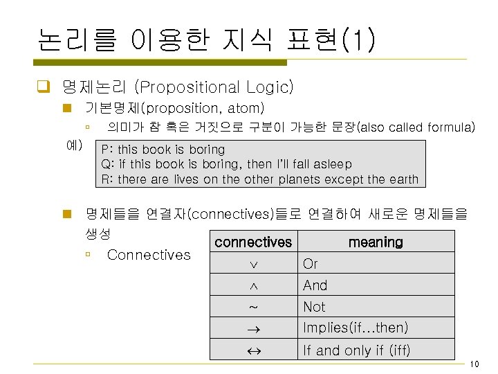 논리를 이용한 지식 표현(1) q 명제논리 (Propositional Logic) n 기본명제(proposition, atom) ú 예) 의미가