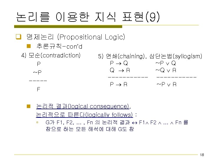 논리를 이용한 지식 표현(9) q 명제논리 (Propositional Logic) n 추론규칙-con’d 4) 모순(contradiction) P ~P
